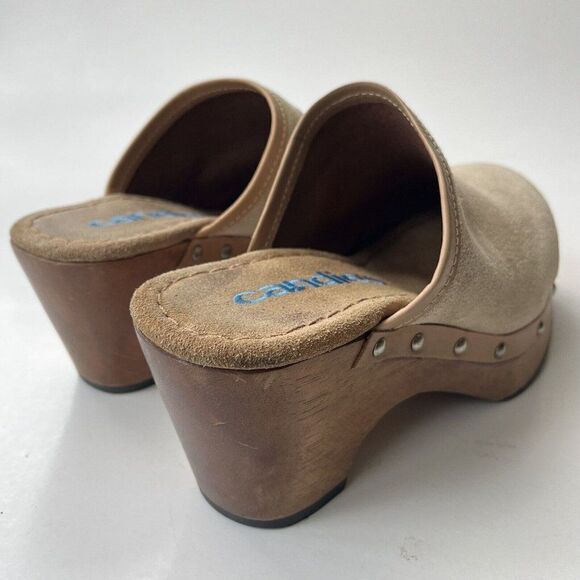 Vintage Y2K Candie’s Suede Leather Wood Clogs Mule Beige Platform Hippie Boho 6 - Picture 4 of 8